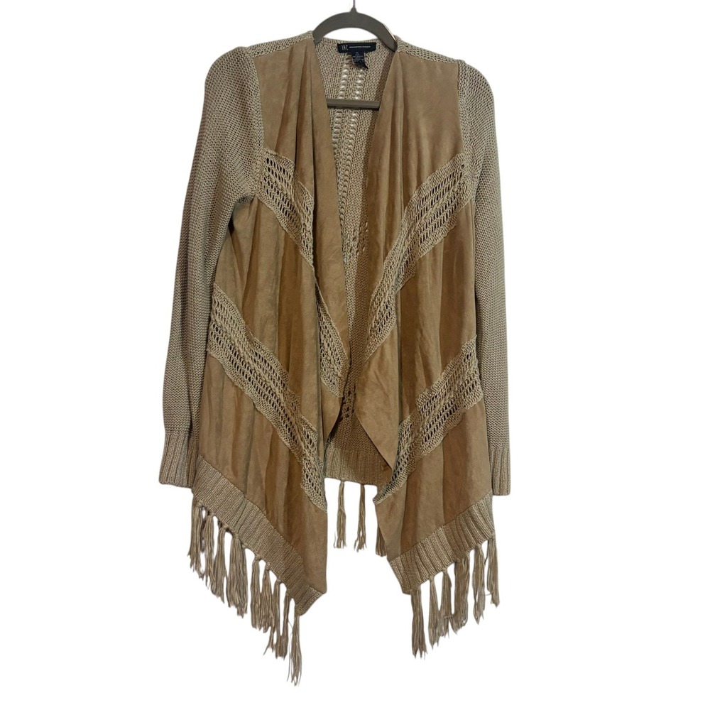 INC Cardigan XL Tan Faux Suede Fringe Mixed Media Open Front Crochet Boho